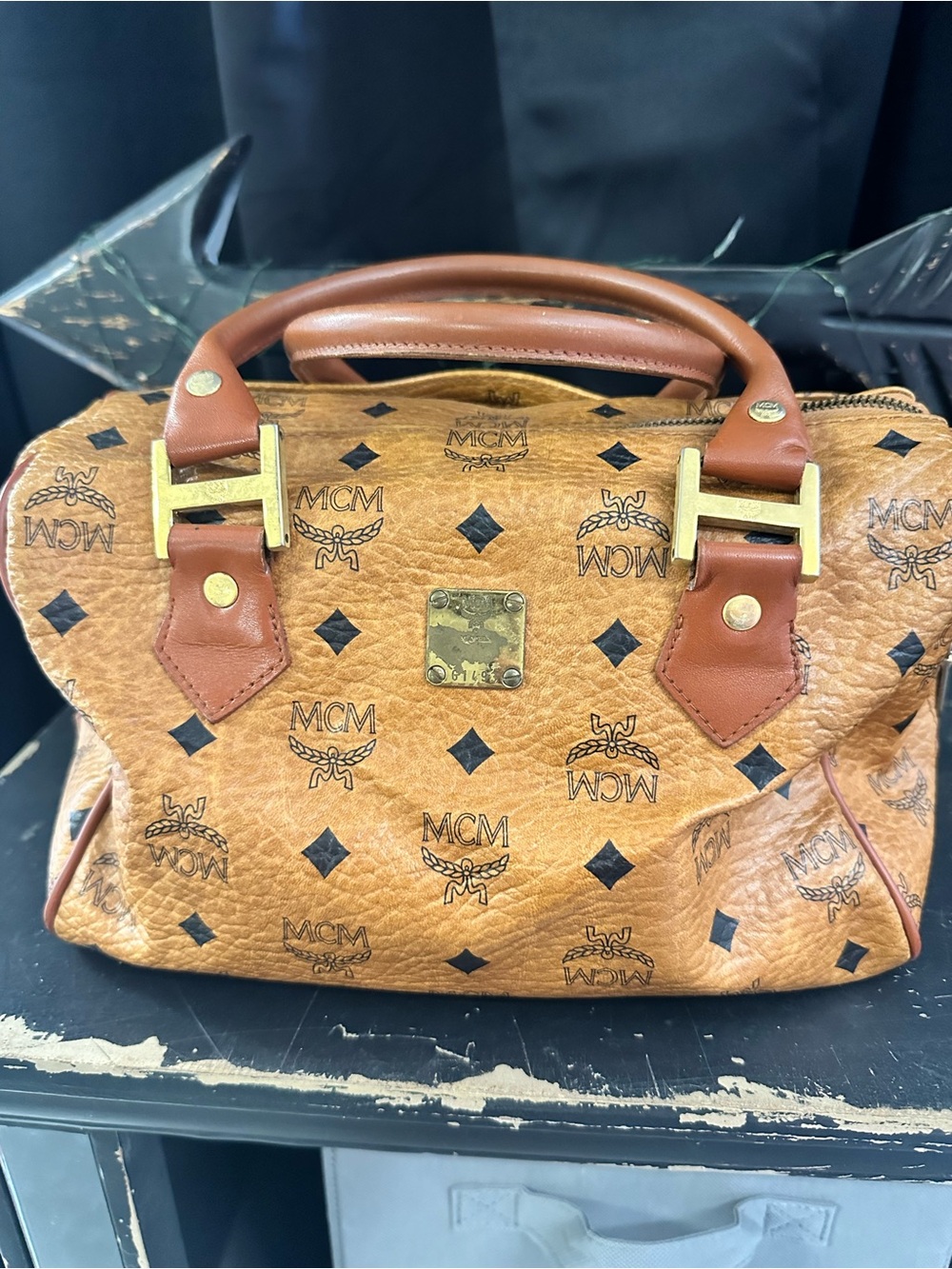 MCM Cognac Coated Canvas Monogram Satchel with Gold Hardware - Picture 3 of 6